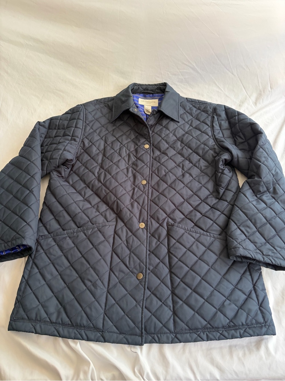 Vintage Liz Claiborne Navy Blue Diamond Quilted Jacket Women’s M Striped Lining
